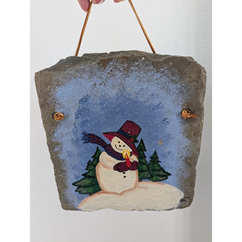 Hand Painted Slate Christmas Snowman Hanging Sign 10" X 9" Winter Signed Vintage